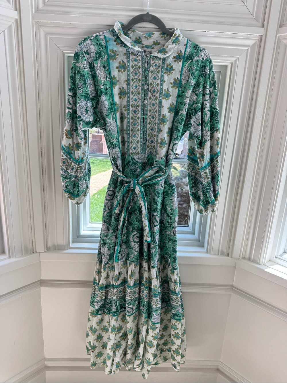 SUE SARTOR Green Floral Midi Dress with Tie Waist